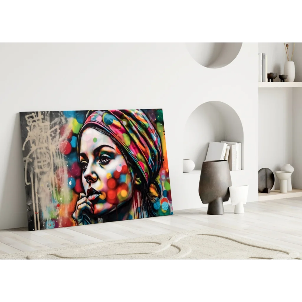 Vibrant pop art woman on colorful polka dot glass wall art