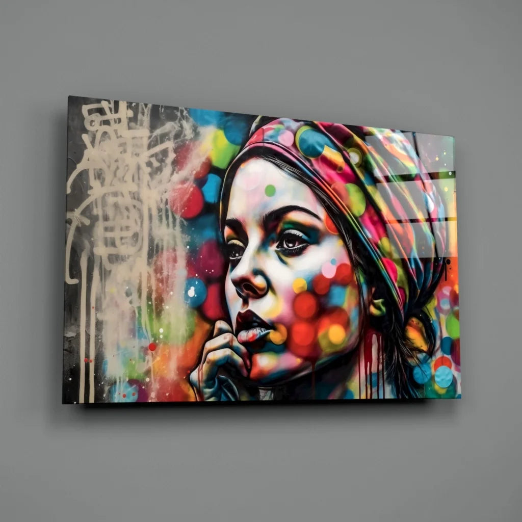 Vibrant pop art woman on colorful polka dot glass wall art