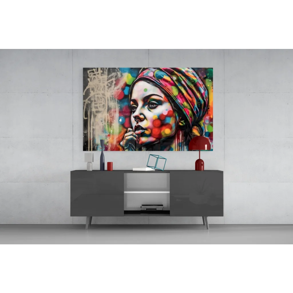 Vibrant pop art woman on colorful glass wall art with polka dots