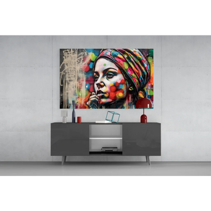 Vibrant pop art woman on colorful glass wall art with polka dots