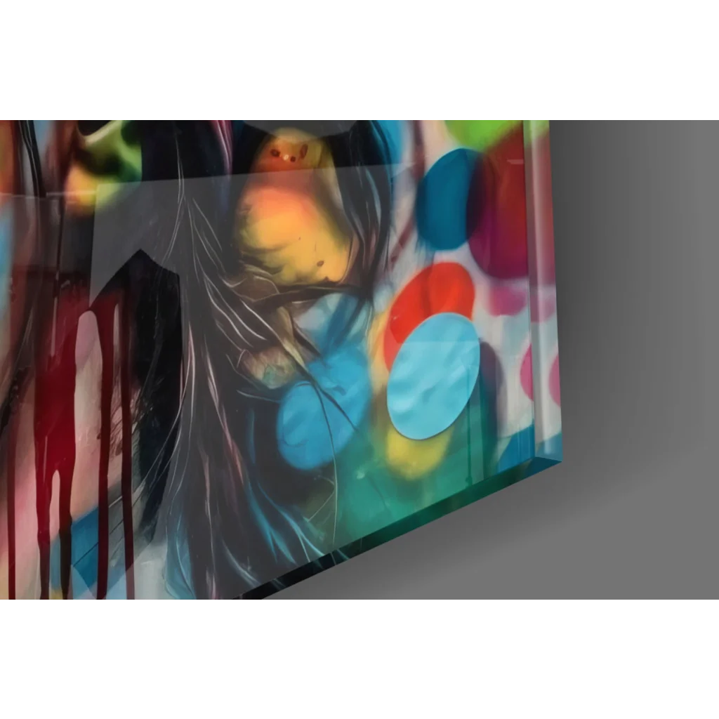 Vibrant yellow bird on colorful pop art woman glass wall art with polka dots