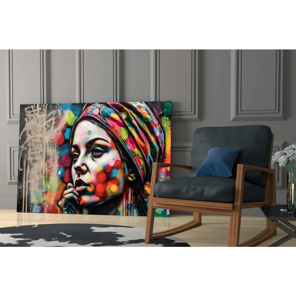 Vibrant pop art woman on colorful polka dot glass wall art