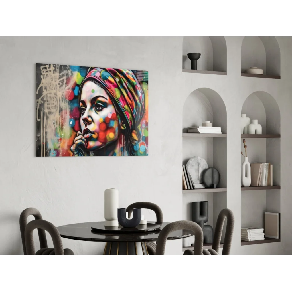 Vibrant pop art woman on colorful polka dot glass wall art