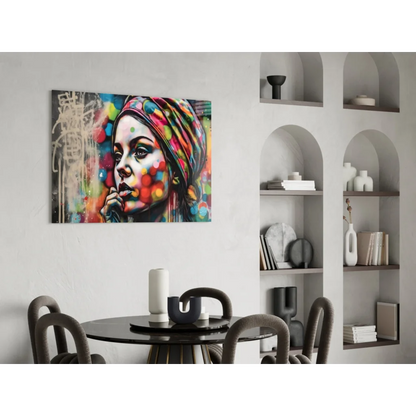 Vibrant pop art woman on colorful polka dot glass wall art