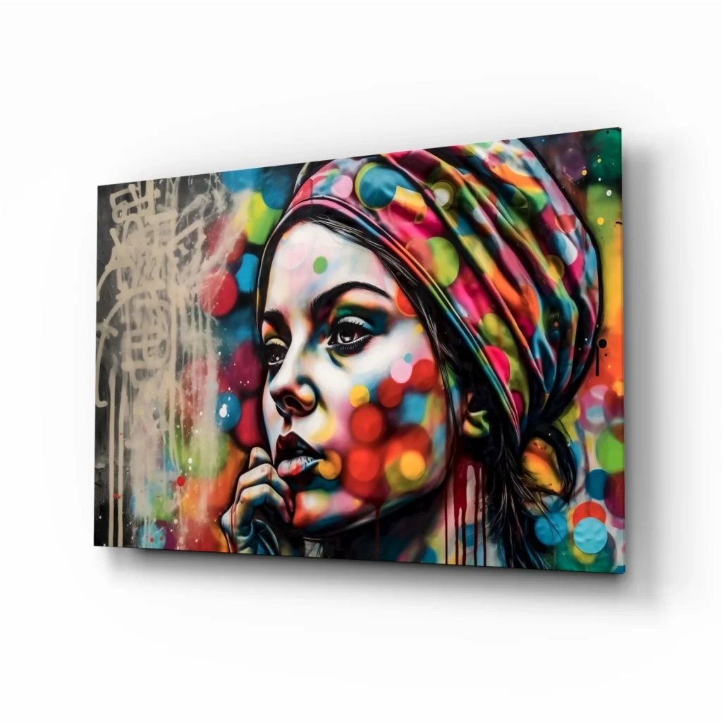 Vibrant pop art woman on colorful glass wall art with polka dots