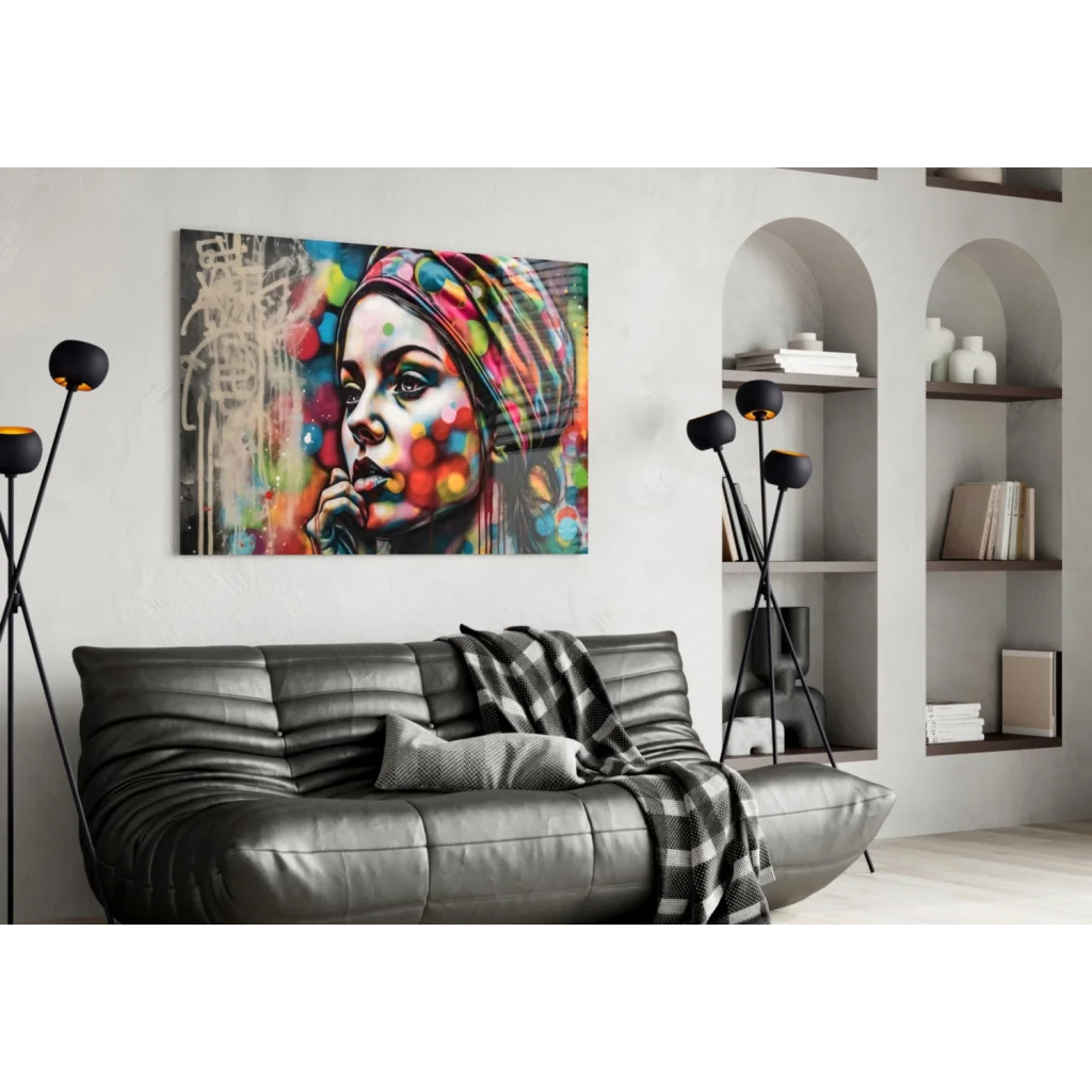 Vibrant pop art woman on colorful polka dot glass wall art