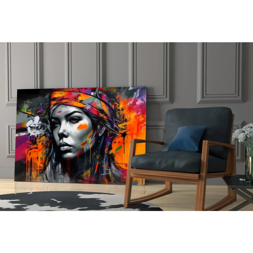 Vibrant abstract woman portrait canvas wall art in bold orange purple black splashes