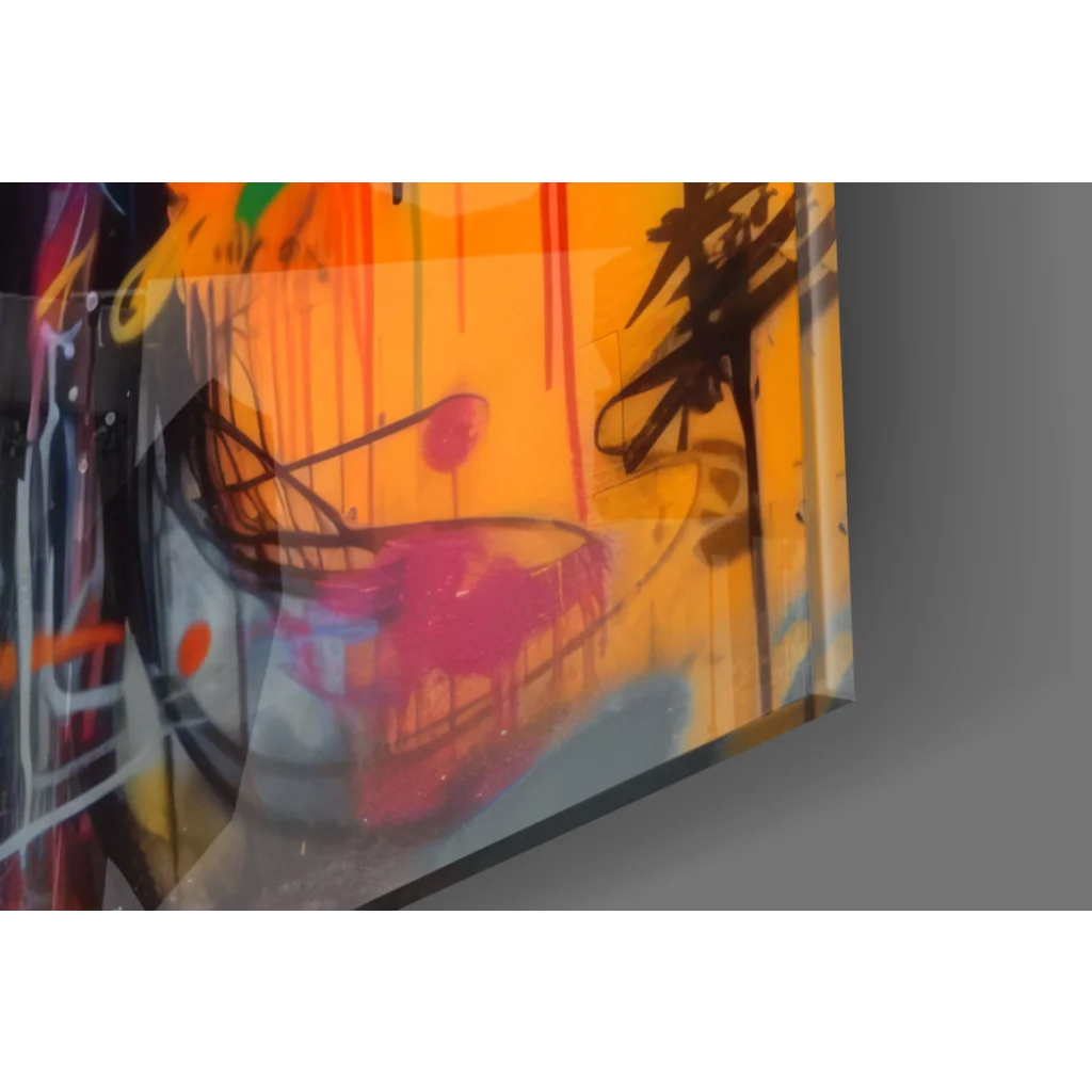 Vibrant graffiti glass wall art with bold orange pink splashes