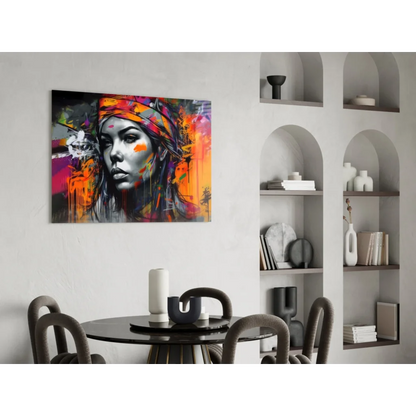 Vibrant abstract woman portrait wall art canvas with orange purple splashes on grayscale face and colorful headwrap