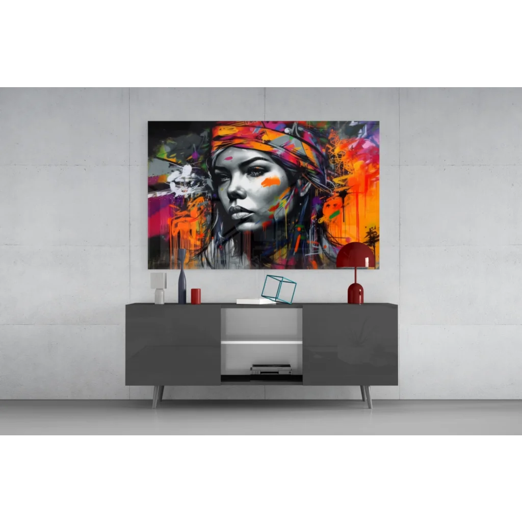 Vibrant abstract woman portrait wall art with bold orange purple splashes
