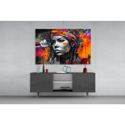 Vibrant abstract woman portrait wall art with bold orange purple splashes