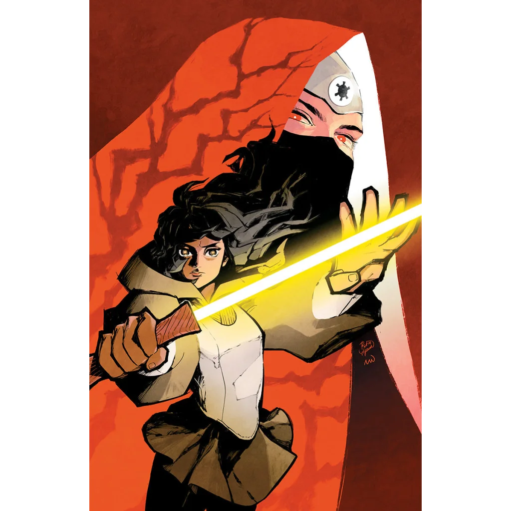 Comic book cover by Peach Momoko featuring Star Wars characters with yellow lightsabers