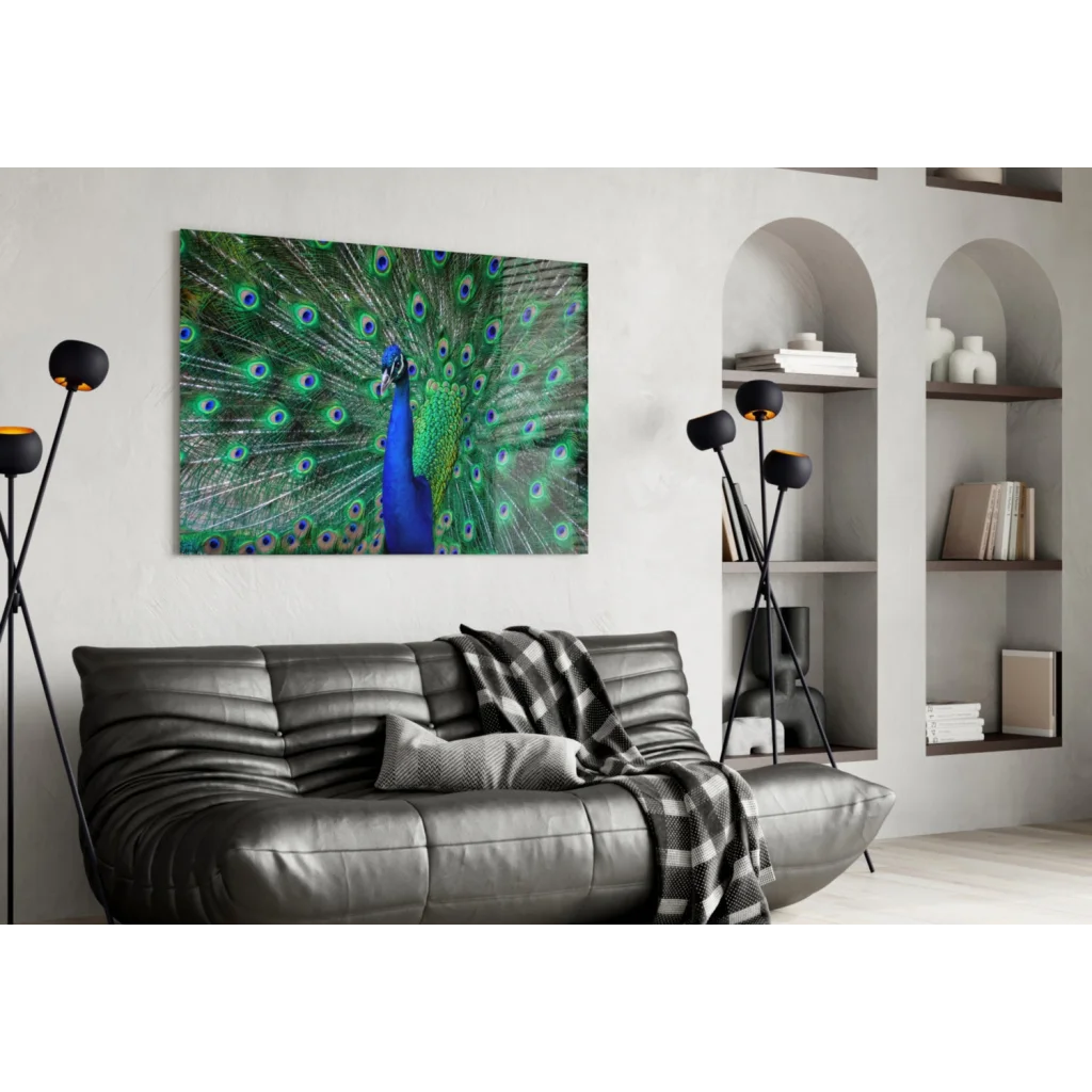 Stunning Peacock Glass Wall Art with Iridescent Feathers | Contemporary Home Wall Art | vintageantiquesgifts.com