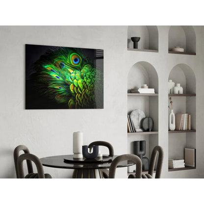 Vibrant green peacock feather glass wall art with iridescent blue eye spots in black frame