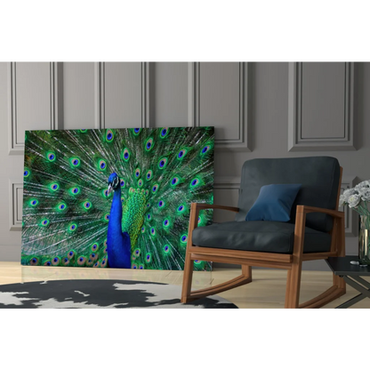Vibrant peacock glass wall art with iridescent feathers on canvas