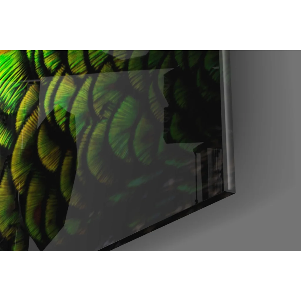 Sleek curved glass wall art print with vibrant green and black abstract pattern