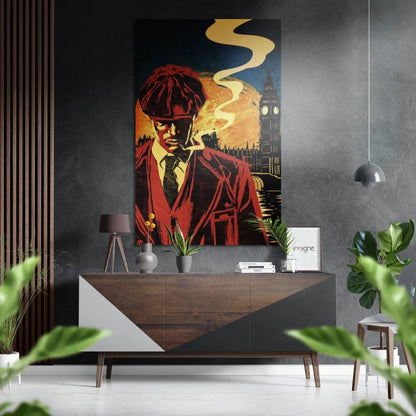 Bold red pop art man in flat cap smoking against London skyline on brushed aluminium dibond panel