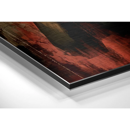 Bold abstract art print on brushed aluminium dibond with red, black, brown strokes