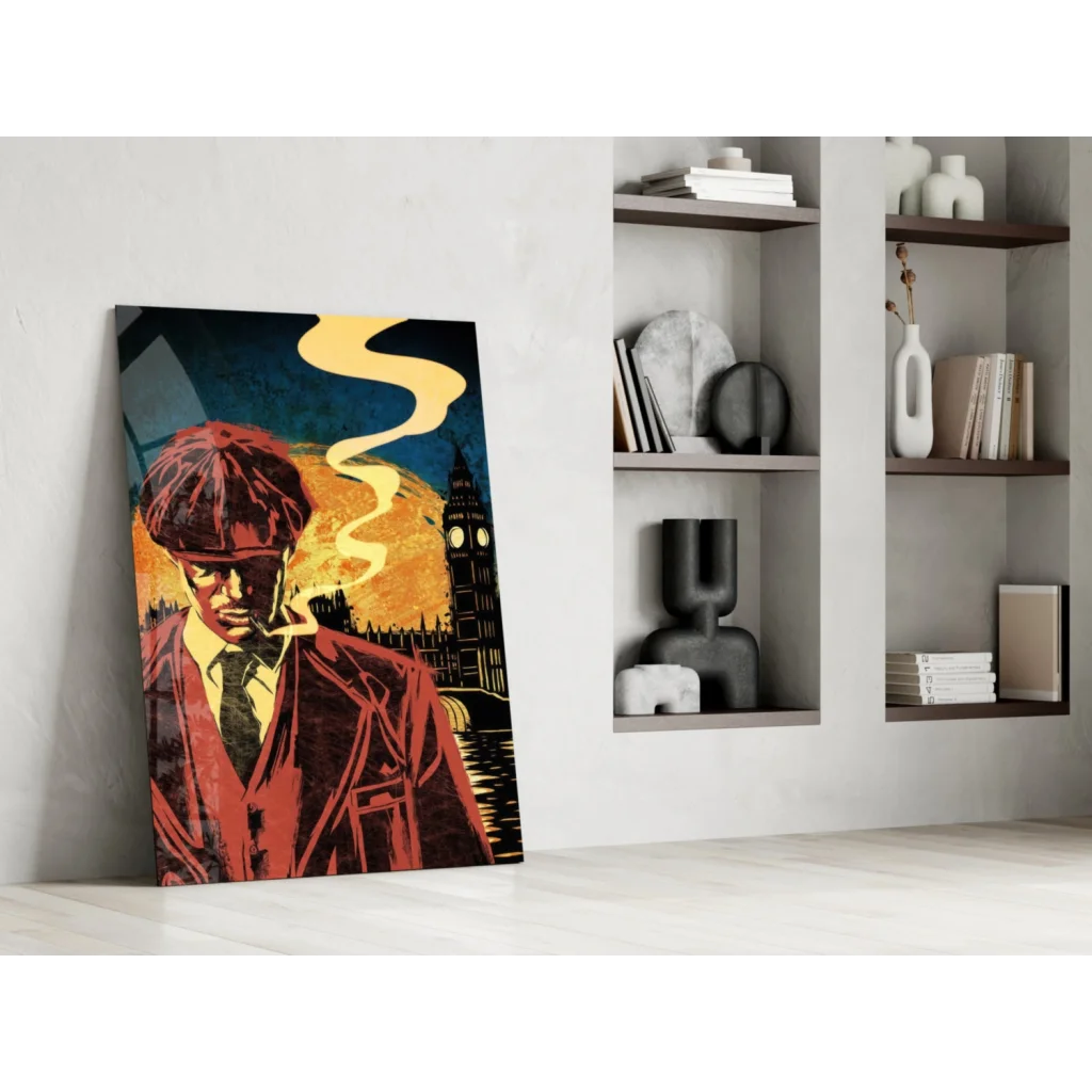 Vibrant London pop art glass wall art with Big Ben and red coat figure