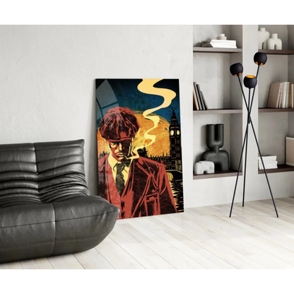 Vibrant red black London pop art glass wall art with fedora man and Big Ben skyline