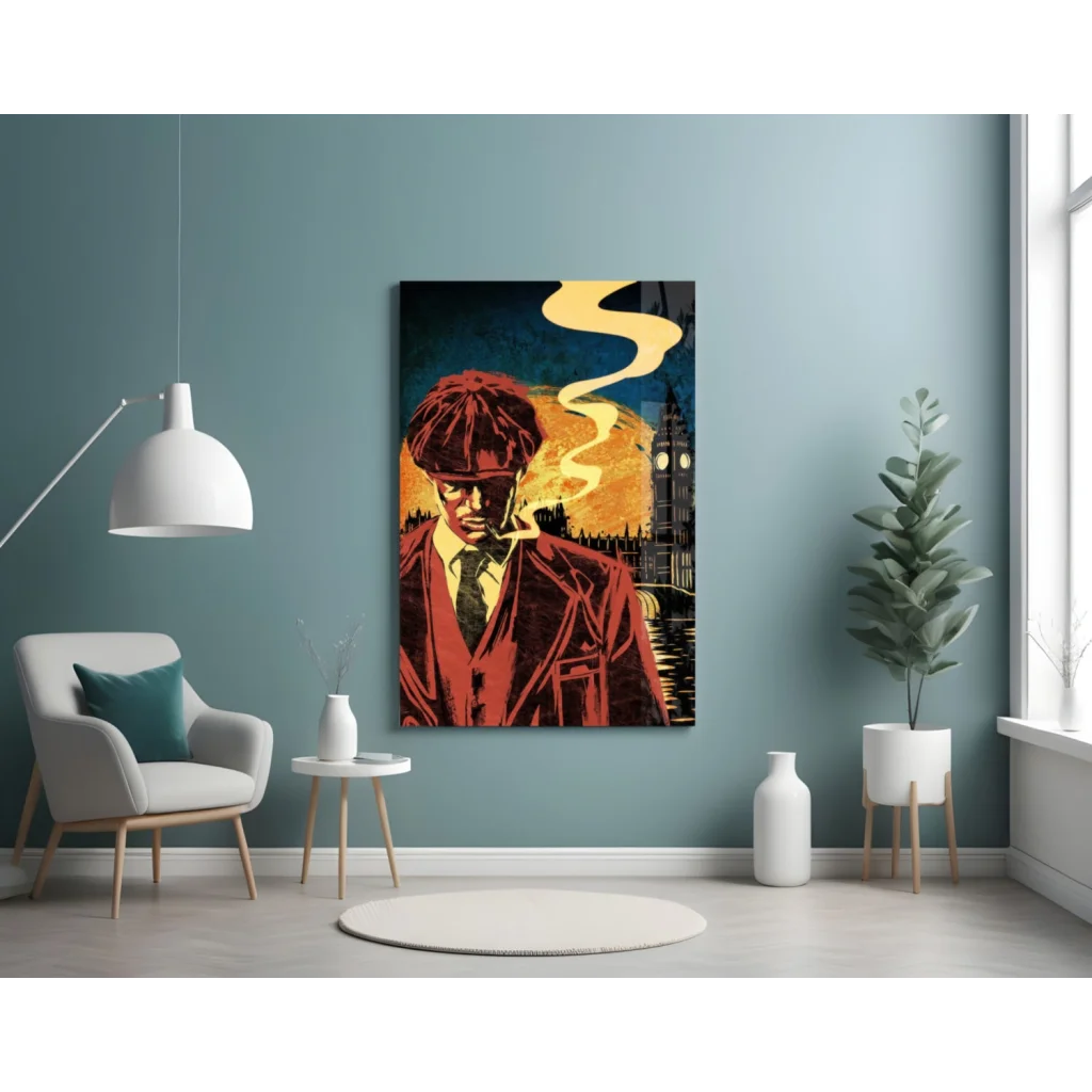 Vibrant pop art glass wall art of London skyline with Big Ben and red coat figure