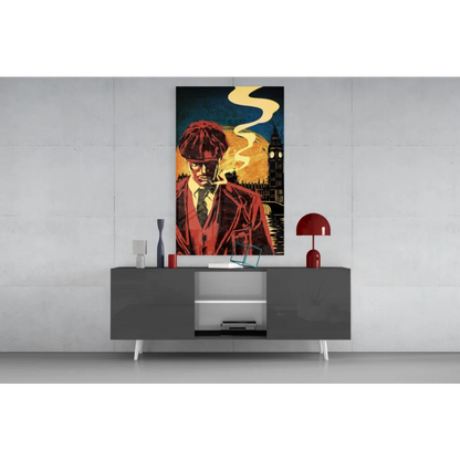 Vibrant red black fedora man on Big Ben glass wall art