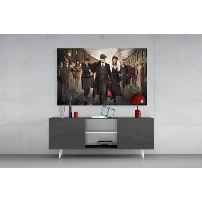 Peaky Blinders glass wall art with vintage gang portrait in sepia tone