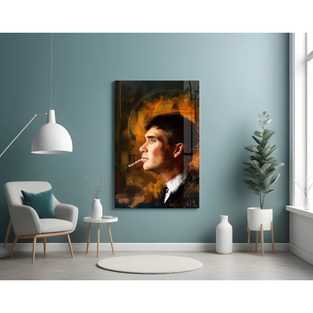 Framed glass wall art of man in profile with bold orange brown abstract tones