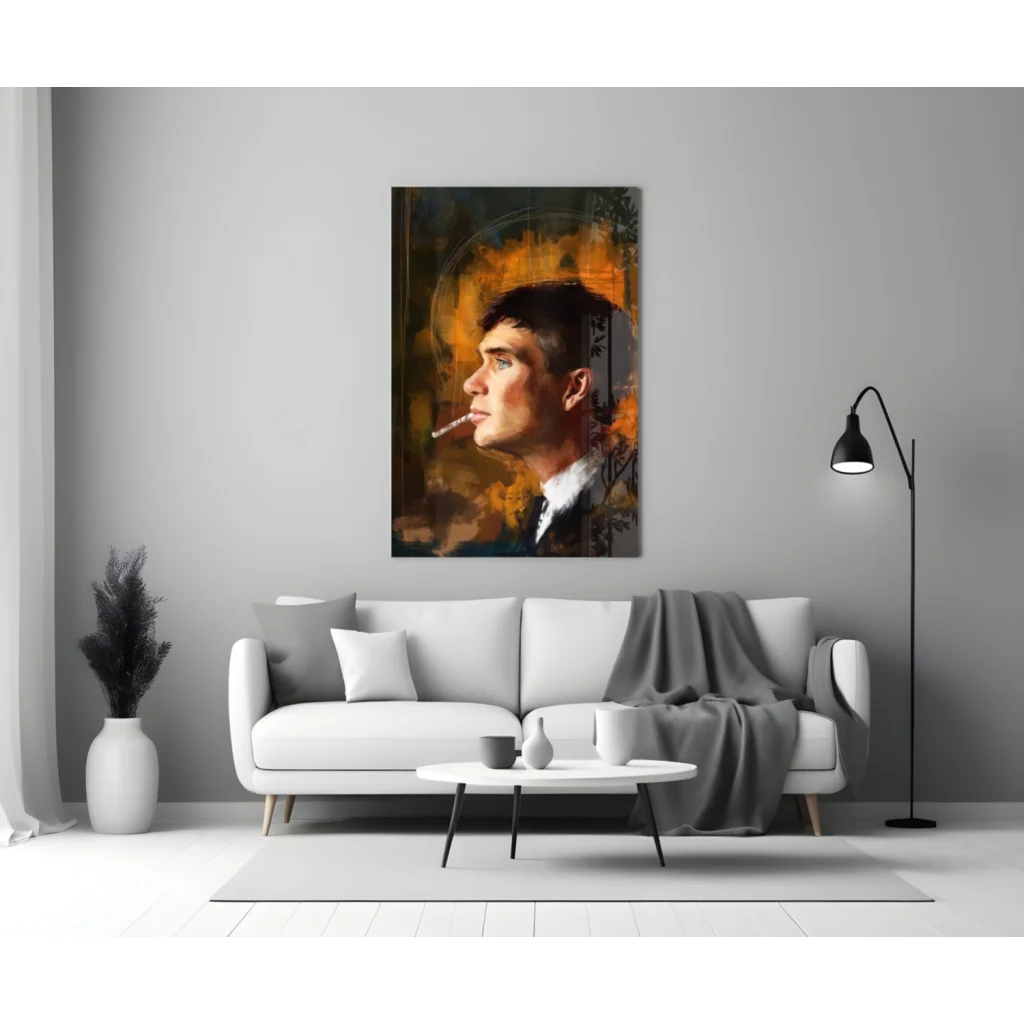 Stylish profile portrait on glass wall art with warm abstract tones
