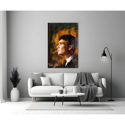 Stylish profile portrait on glass wall art with warm abstract tones