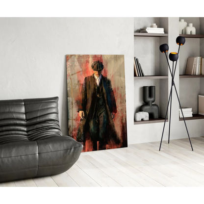 Vintage man portrait glass wall art with bold red tones