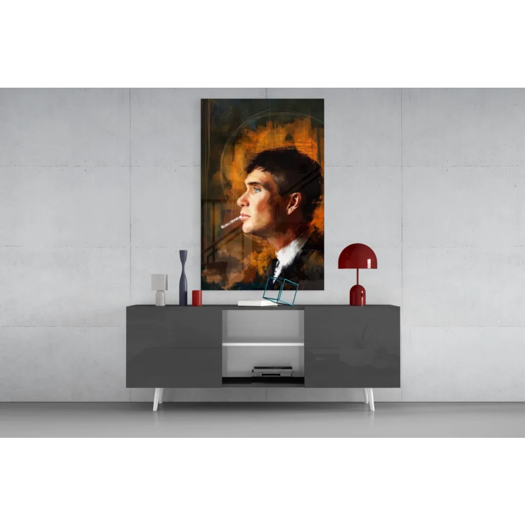 Stylized man smoking in profile on glass wall art with warm abstract tones
