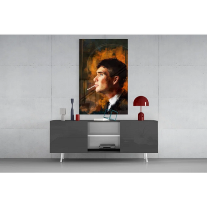 Stylized man smoking in profile on glass wall art with warm abstract tones