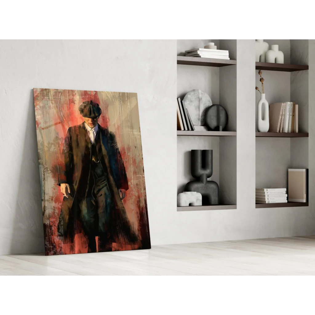 Stylized vintage man portrait glass wall art in bold red tones