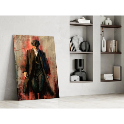 Stylized vintage man portrait glass wall art in bold red tones
