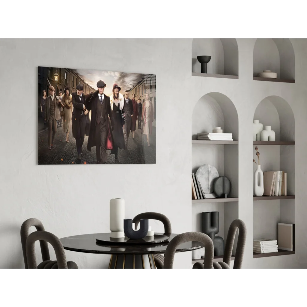 Peaky Blinders glass wall art with vintage gang on canvas