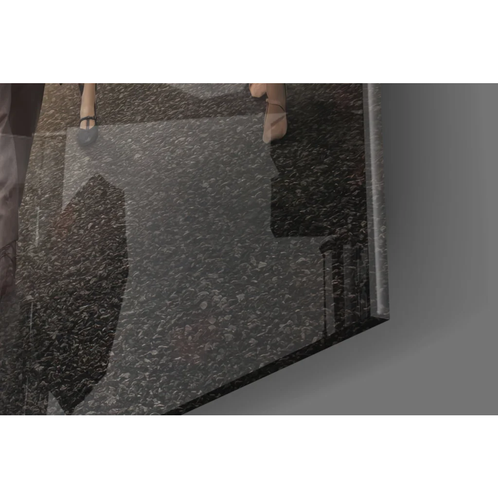 Peaky Blinders glass wall art with black granite speckled countertop portrait