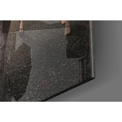 Peaky Blinders glass wall art with black granite speckled countertop portrait