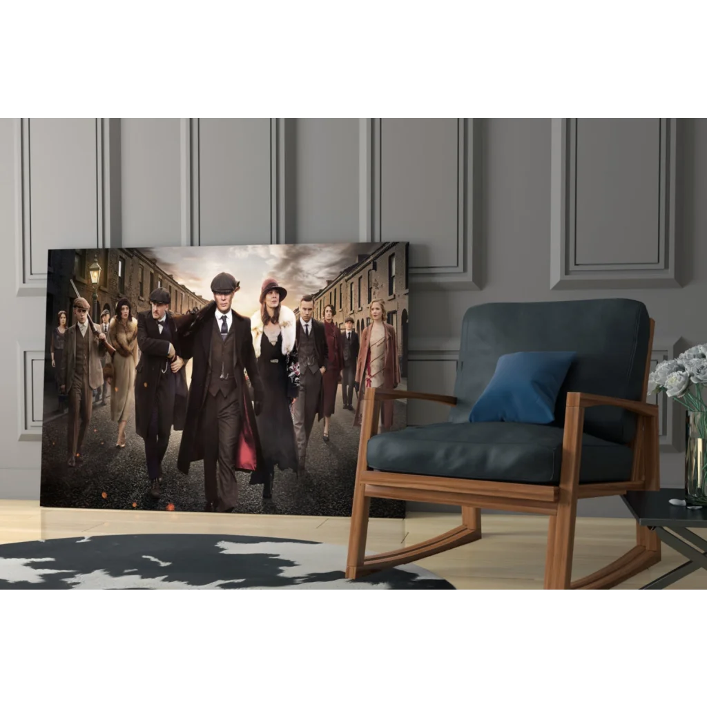 Peaky Blinders glass wall art with vintage gang portrait on canvas