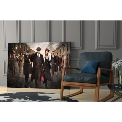 Peaky Blinders glass wall art with vintage gang portrait on canvas