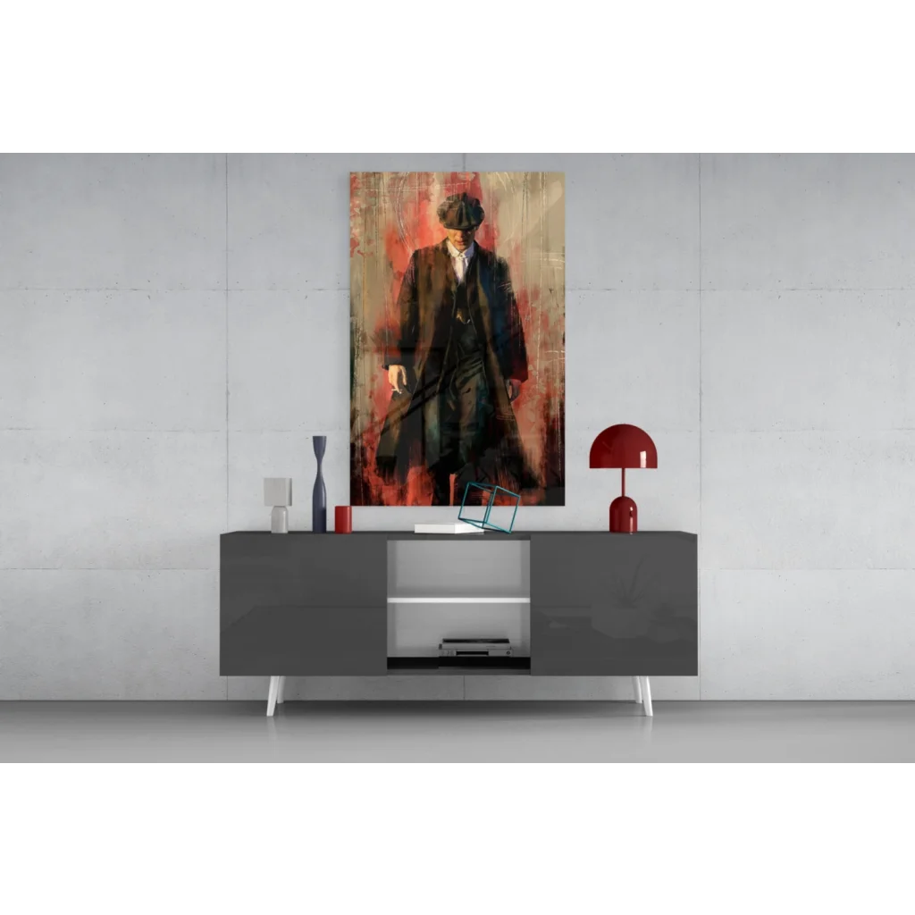Modern abstract glass wall art of vintage man in dark coat and hat on red beige tones
