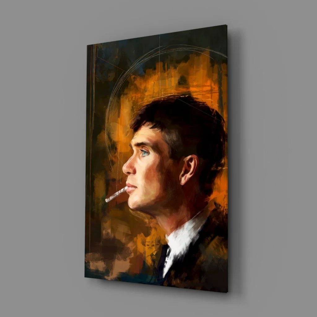 Stylized man profile on glass wall art with warm tones