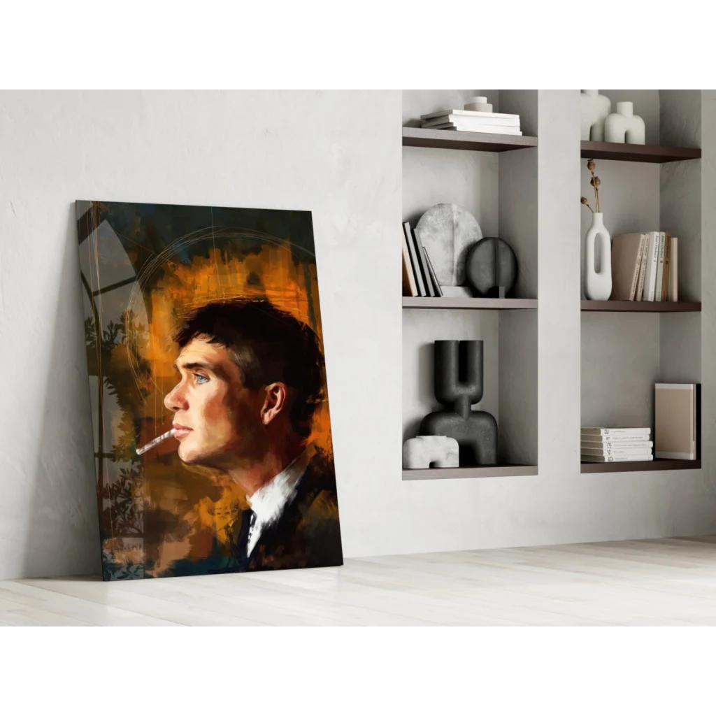 Vibrant orange brown abstract man profile on stylish glass wall art