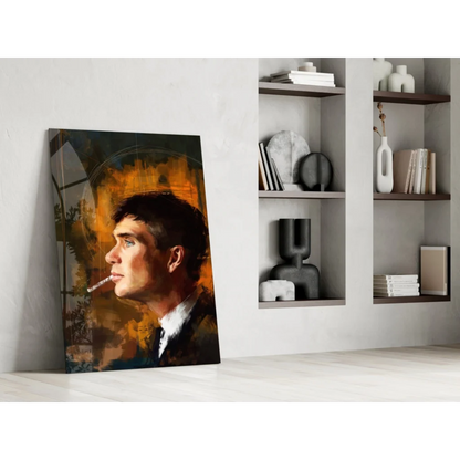 Vibrant orange brown abstract man profile on stylish glass wall art