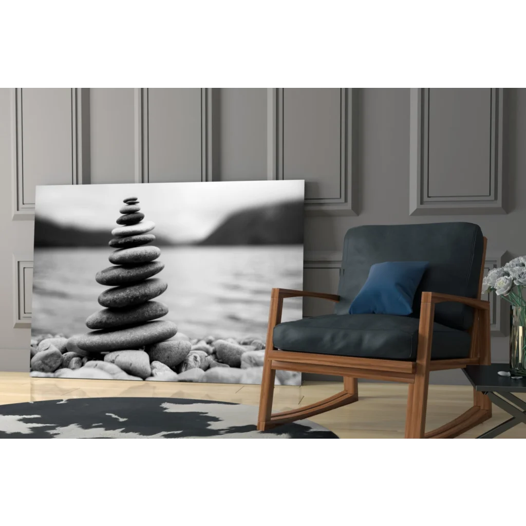 Zen Stone Tower black and white canvas wall art of balanced stones by water