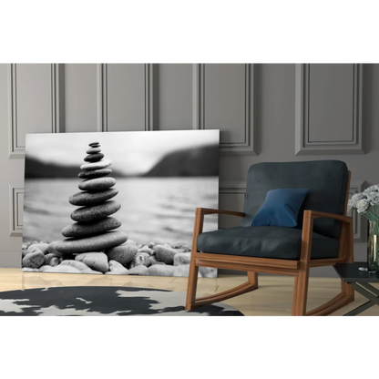 Zen Stone Tower black and white canvas wall art of balanced stones by water