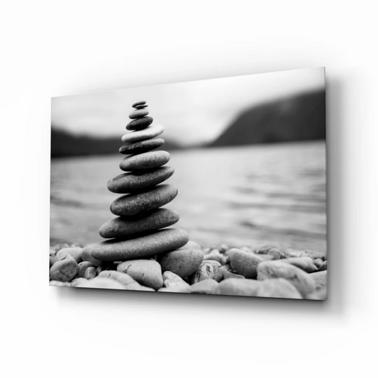 Zen Stone Tower black and white canvas wall art of stacked river stones
