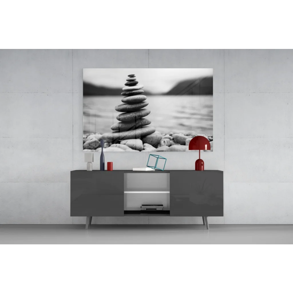 Zen Stone Tower black and white canvas wall art of balanced stones