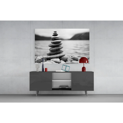 Zen Stone Tower black and white canvas wall art of balanced stones