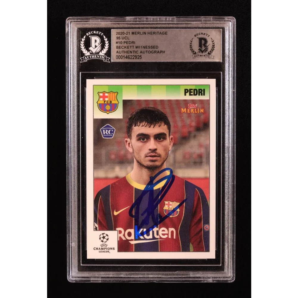 A graded 2020-21 Merlin Heritage Pedri autographed Barcelona soccer card